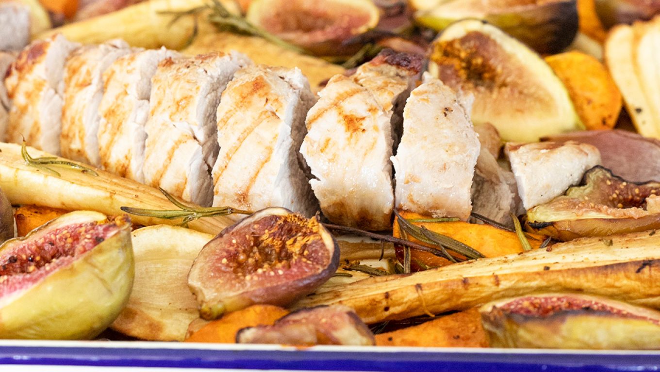 Baked Pork Tenderloin with Sweet Potato, Fig and Parsnip