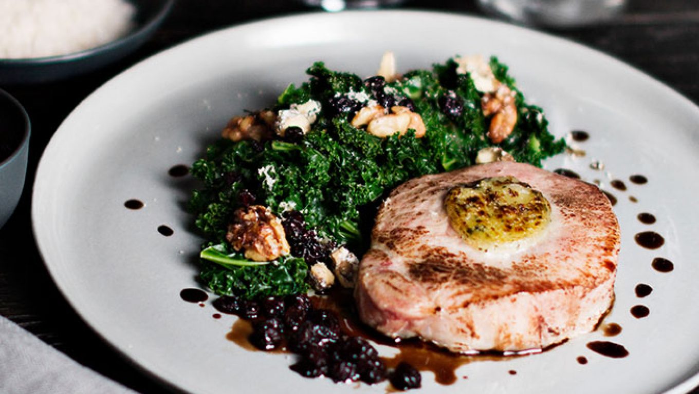 Pork Mignons with Kale, Walnut and Blue Cheese