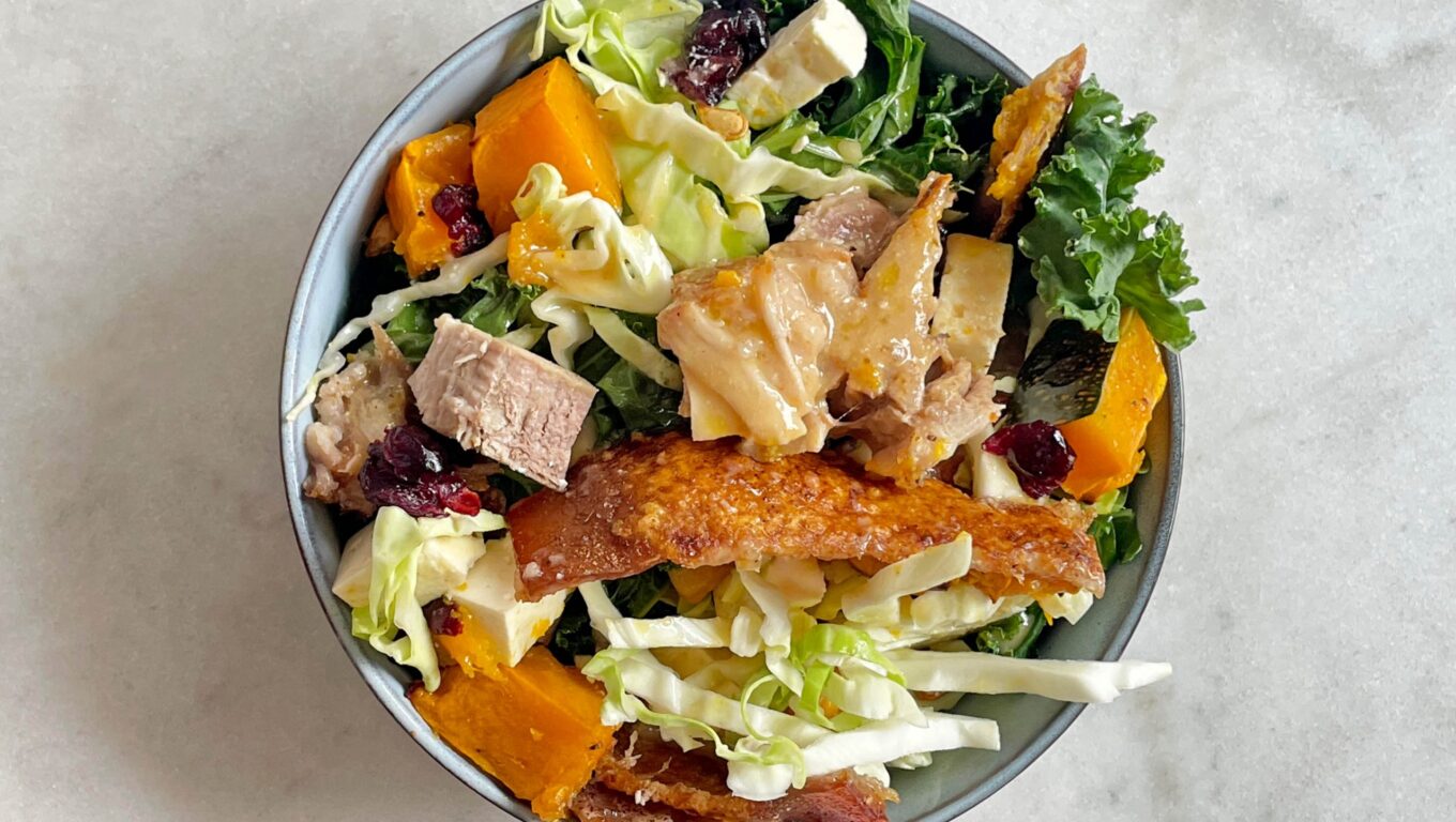 Crispy Pork Belly Super Salad with White Miso Dressing