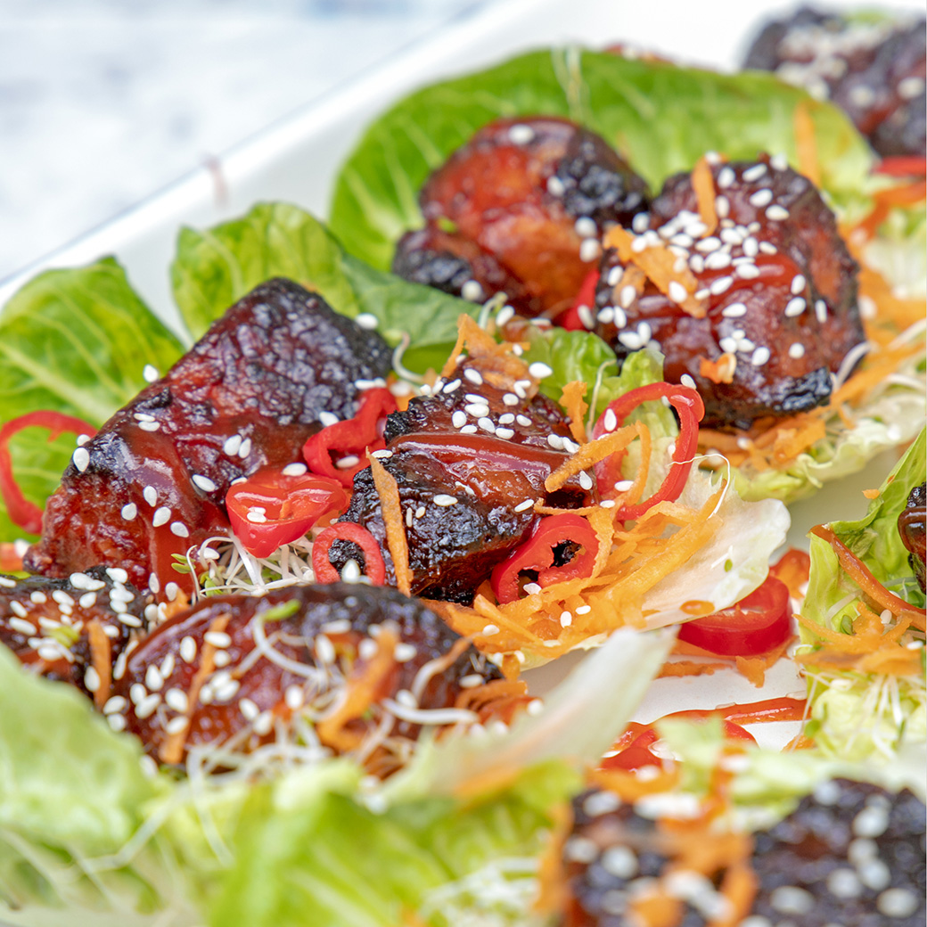 Pork Belly Bites in Lettuce Cups Bruemar