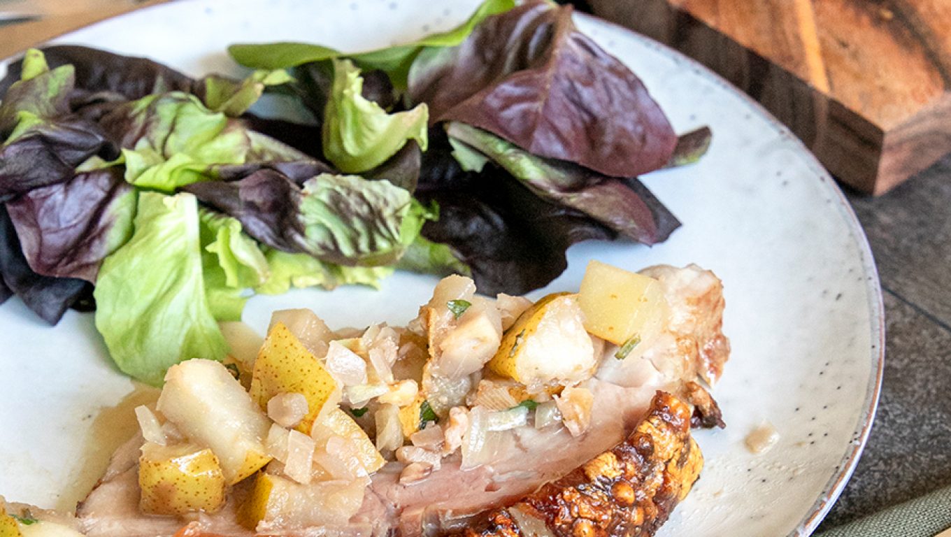 Crackling Pork Leg Roast with Pear & Walnut Salsa