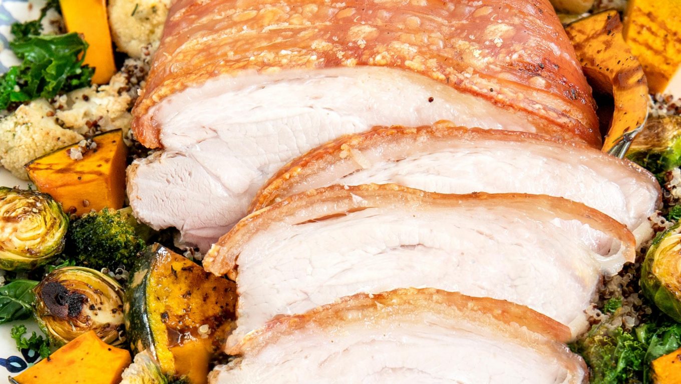 Crackling Pork Roast with Roasted Vegetables and Quinoa